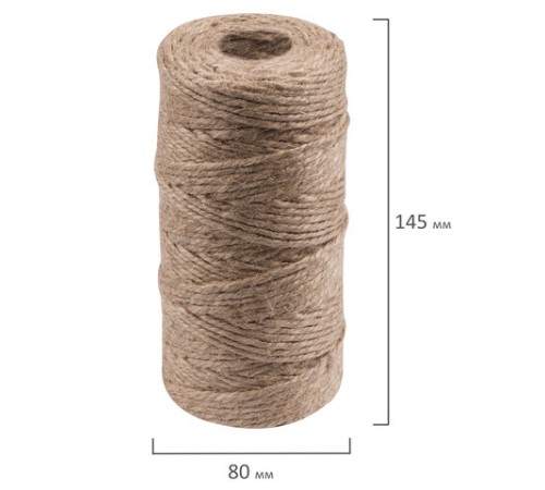 Шпагат джутовый упаковочный полированный, длина 500 м, диаметр 1,5 мм, 1200 текс, BRAUBERG, 605008