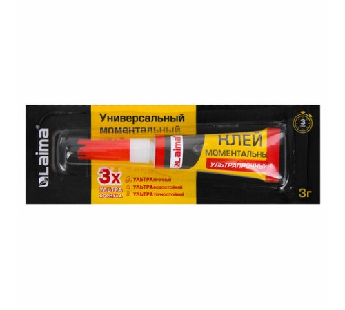 Клей моментальный (суперклей) LAIMA, 3 г, УЛЬТРАПРОЧНЫЙ, отрывная мультикарта, 605567