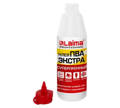 Клей ПВА Экстра Суперпрочный 0,5 кг (керамика, ткань, кожа, дерево, бумага, картон), LAIMA, 606430