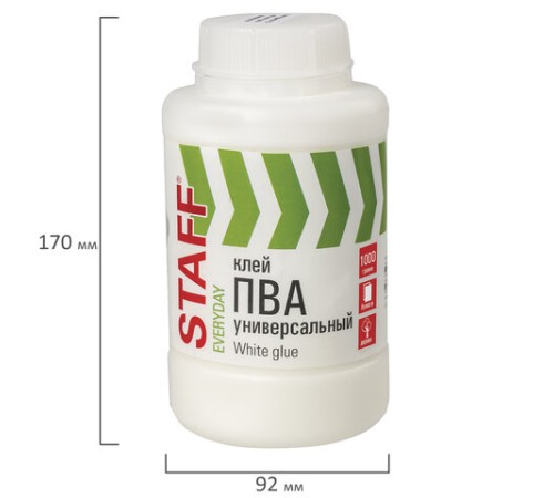Клей ПВА универсальный 1 кг (бумага, картон, дерево), STAFF, 606431