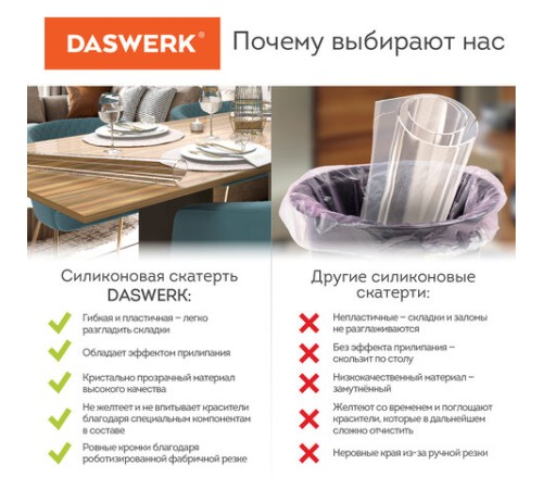 Коврик-подкладка, скатерть ПВХ прозрачная, гибкое/мягкое стекло, 100х60 см, 0,5 мм, DASWERK (ДАСВЕРК), 607874