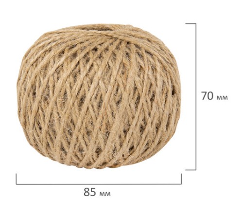 Шпагат джутовый полированный длина 100 м диаметр 1,5 мм, 2-х ниточный, BRAUBERG, 607947