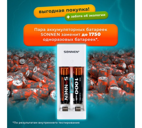 Зарядное устройство с аккумуляторами 2 шт. AAA (HR03), 1000 mAh, SONNEN BC2, в блистере, 455004 Зарядное устройство с аккумуляторами 2 шт. AAA (HR03), 1000 mAh, SONNEN BC2, в блистере, 455004