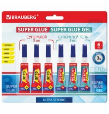 Клей-Гель моментальный 3 шт. по 3 г + Суперклей 3 шт. по 3 г, НАБОР 6 тюбиков, BRAUBERG EXTRA, 608108