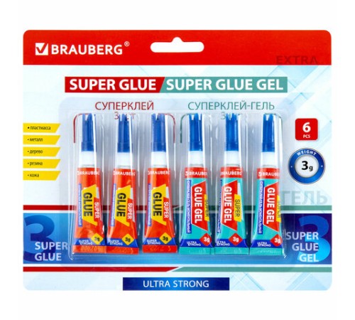 Клей-Гель моментальный 3 шт. по 3 г + Суперклей 3 шт. по 3 г, НАБОР 6 тюбиков, BRAUBERG EXTRA, 608108