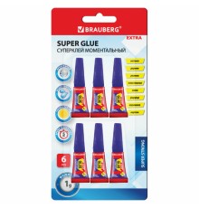 Клей моментальный суперклей экономичный BRAUBERG EXTRA, 1 г суперпрочный, КОМПЛЕКТ 6 ШТ., 608109