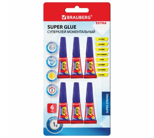 Клей моментальный суперклей экономичный BRAUBERG EXTRA, 1 г суперпрочный, КОМПЛЕКТ 6 ШТ., 608109