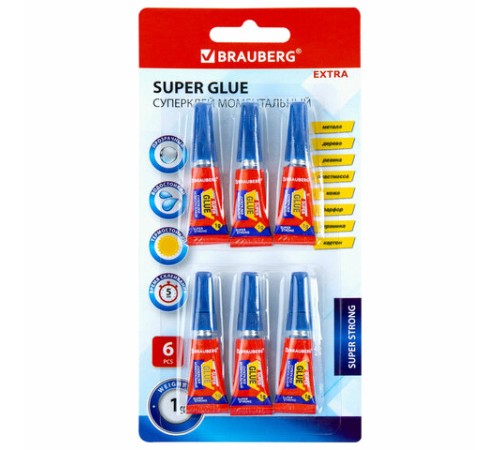 Клей моментальный суперклей экономичный BRAUBERG EXTRA, 1 г суперпрочный, КОМПЛЕКТ 6 ШТ., 608109