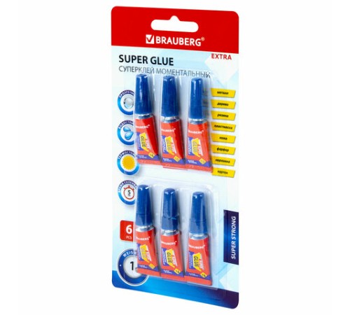 Клей моментальный суперклей экономичный BRAUBERG EXTRA, 1 г суперпрочный, КОМПЛЕКТ 6 ШТ., 608109