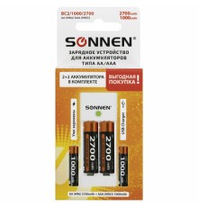 Зарядное устройство с аккумуляторами 4 шт. (2+2) AA+AAA (HR6+HR03), 2700 mAh + 1000 mAh, SONNEN (СОНЕН) BC2, 455005