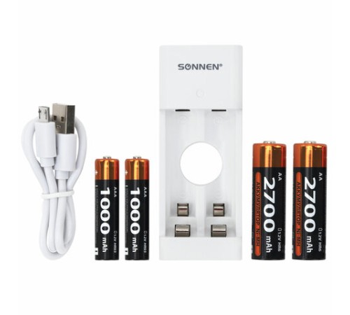 Зарядное устройство с аккумуляторами 4 шт. (2+2) AA+AAA (HR6+HR03), 2700 mAh + 1000 mAh, SONNEN (СОНЕН) BC2, 455005 Зарядное устройство с аккумуляторами 4 шт. (2+2) AA+AAA (HR6+HR03), 2700 mAh + 1000 mAh, SONNEN (СОНЕН) BC2, 455005