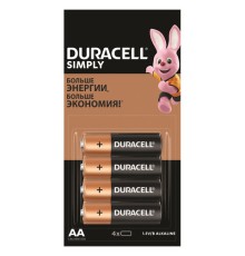Батарейки КОМПЛЕКТ 4 шт. (отрывной блок) DURACELL Simply ОРИГИНАЛ, AA (LR6, 15А), алкалиновые, пальчиковые, Б0046868