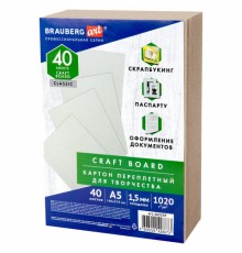 Картон переплетный, толщина 1,5 мм, А5 (148х210 мм), КОМПЛЕКТ 40 шт., BRAUBERG ART, 665559