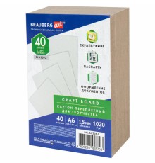 Картон переплетный, толщина 1,5 мм, А6 (105х148 мм), КОМПЛЕКТ 40 шт., BRAUBERG ART, 665562