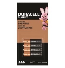 Батарейки КОМПЛЕКТ 4 шт. (отрывной блок), DURACELL Simply ОРИГИНАЛ, AAA (LR03,24А), алкалиновые, мизинчиковые, Б0046869