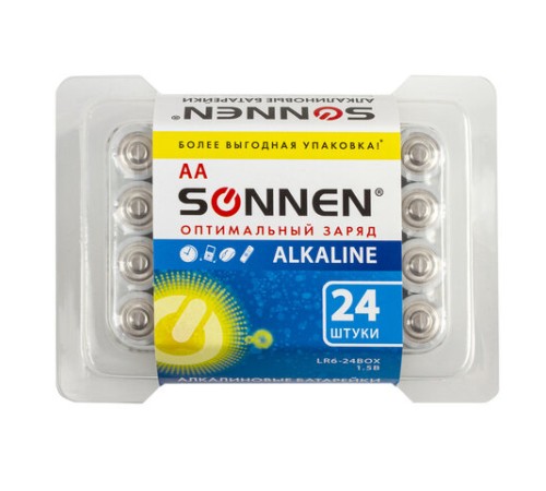 Батарейки КОМПЛЕКТ 24 шт., SONNEN Alkaline, АА(LR6, 15А), алкалиновые, пальчиковые, короб, 455095 Батарейки КОМПЛЕКТ 24 шт., SONNEN Alkaline, АА(LR6, 15А), алкалиновые, пальчиковые, короб, 455095