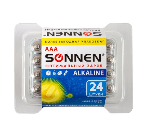 Батарейки КОМПЛЕКТ 24 шт, SONNEN Alkaline, ААА (LR03, 24А), алкалиновые, мизинчиковые, короб, 455096 Батарейки КОМПЛЕКТ 24 шт, SONNEN Alkaline, ААА (LR03, 24А), алкалиновые, мизинчиковые, короб, 455096