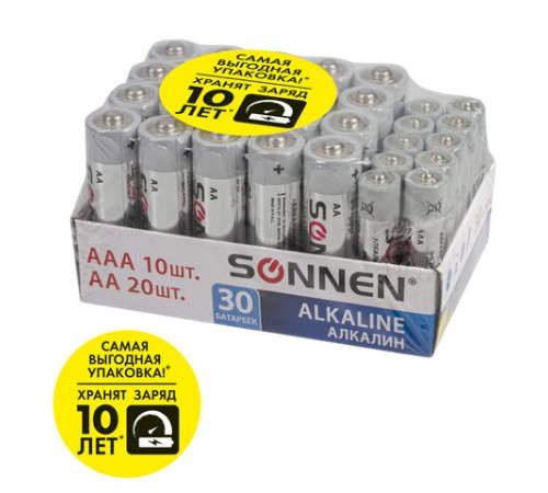 Батарейки КОМПЛЕКТ 30 (20+10) шт., SONNEN Alkaline, AA+ААА (LR6+LR03), в коробке, 455097 Батарейки КОМПЛЕКТ 30 (20+10) шт., SONNEN Alkaline, AA+ААА (LR6+LR03), в коробке, 455097