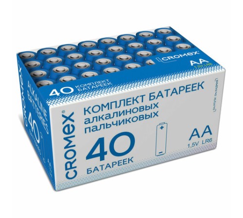 Батарейки алкалиновые "пальчиковые" КОМПЛЕКТ 40 шт., CROMEX (КРОМЕКС) Alkaline, АА (LR6,15А), в коробке, 455594