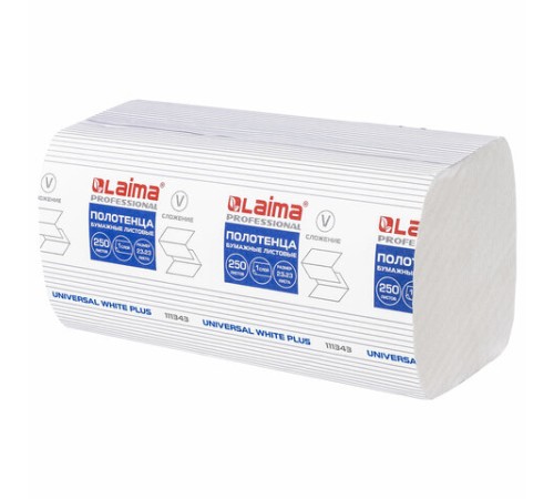 Полотенца бумажные 250 шт., LAIMA (H3) UNIVERSAL WHITE PLUS, 1-слойные, белые, КОМПЛЕКТ 15 пачек, 23х23, V-сложение, 111343