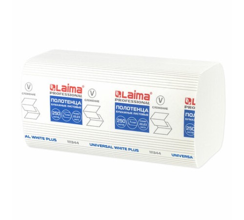 Полотенца бумажные 250 шт., LAIMA (H3) UNIVERSAL WHITE PLUS, 1-слойные, белые, КОМПЛЕКТ 20 пачек, 23х22, V-сложение, 111344