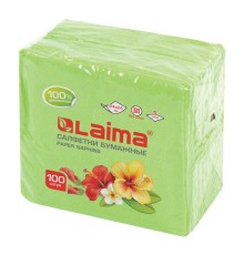 Салфетки бумажные 100 штук, 24х24 см, LAIMA, зелёные (пастельный цвет), 100% целлюлоза, 111791