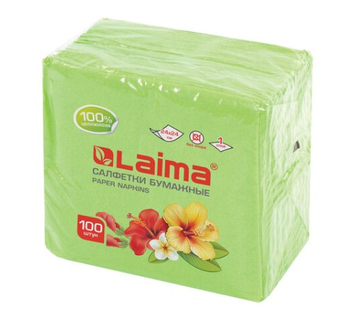 Салфетки бумажные 100 штук, 24х24 см, LAIMA, зелёные (пастельный цвет), 100% целлюлоза, 111791
