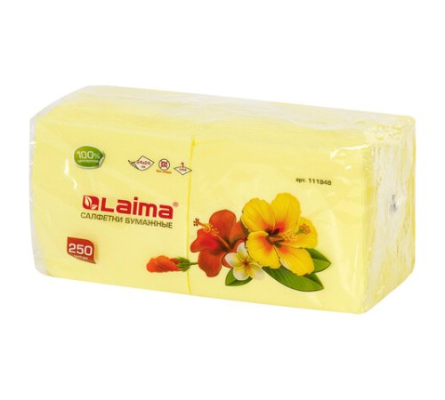 Салфетки бумажные 250 штук, 24х24 см, LAIMA, желтые, 100% целлюлоза, 111948