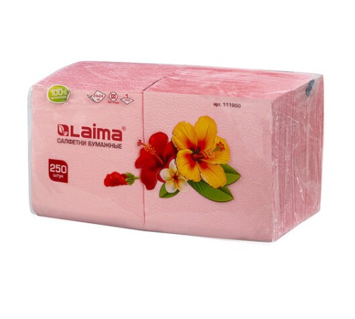 Салфетки бумажные, 250 штук, 24х24 см, LAIMA, красные (пастельный цвет), 100% целлюлоза, 111950