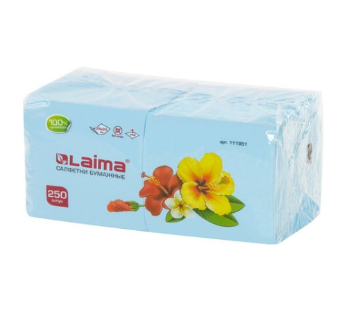 Салфетки бумажные 250 штук, 24х24 см, LAIMA, синие (пастельный цвет), 100% целлюлоза, 111951
