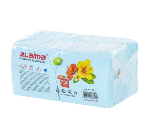 Салфетки бумажные 250 штук, 24х24 см, LAIMA, синие (пастельный цвет), 100% целлюлоза, 111951