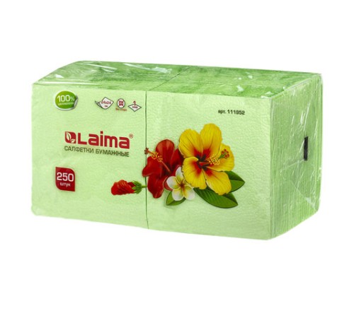 Салфетки бумажные, 250 шт., 24х24 см, LAIMA, зеленые (пастельный цвет), 100% целлюлоза, 111952