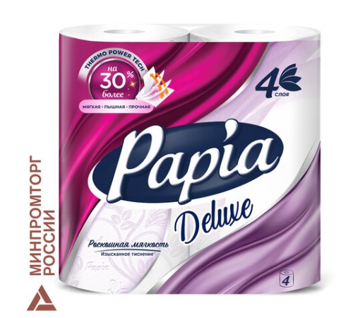 Бумага туалетная быт., спайка 4 шт., 4-слойная (4х16 м), PAPIA DELUXE, белая, 5080736