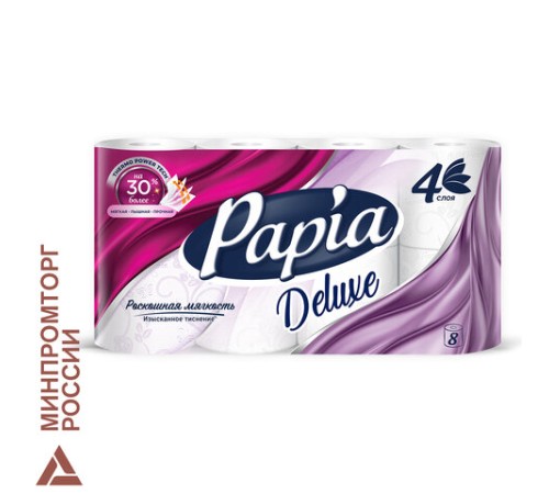 Бумага туалетная бытовая, спайка 8 шт., 4-слойная (8х16 м), PAPIA DELUXE, белая, 5080737