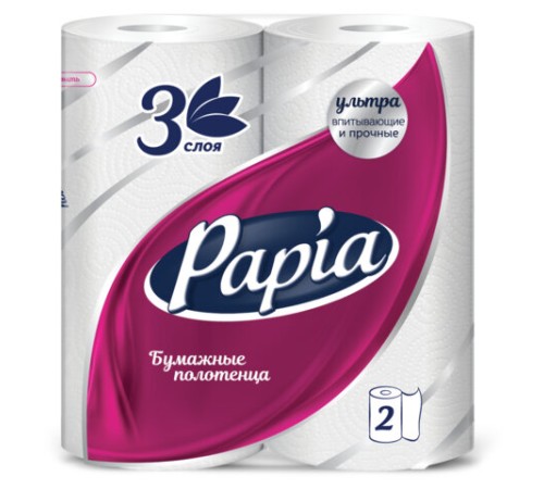 Полотенца бумажные бытовые, спайка 2 шт., 3-слойные (2х10,8 м), PAPIA, 22,7x12 см, белые, 5081504