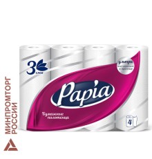 Полотенца бумажные бытовые, спайка 4 шт., 3-слойные (4х11,2 м), PAPIA, 23x13 см, белые, 5081506