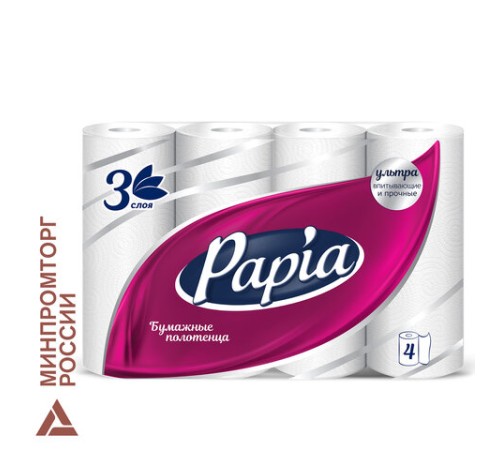 Полотенца бумажные бытовые, спайка 4 шт., 3-слойные (4х11,2 м), PAPIA, 23x13 см, белые, 5081506