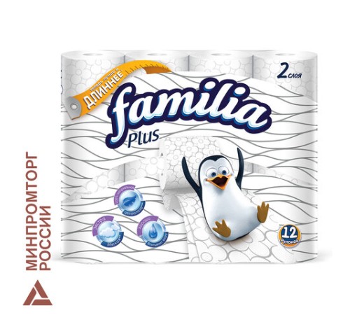 Бумага туалетная бытовая, спайка 12 шт., 2-слойная (12х20,4 м), FAMILIA PLUS, белая, 5080964