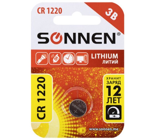 Батарейка литиевая SONNEN Lithium CR1220 "таблетка, дисковая, кнопочная" 1 шт., блистер, 455597 Батарейка литиевая SONNEN Lithium CR1220 "таблетка, дисковая, кнопочная" 1 шт., блистер, 455597