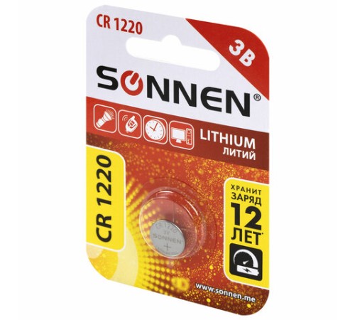 Батарейка литиевая SONNEN Lithium CR1220 "таблетка, дисковая, кнопочная" 1 шт., блистер, 455597 Батарейка литиевая SONNEN Lithium CR1220 "таблетка, дисковая, кнопочная" 1 шт., блистер, 455597