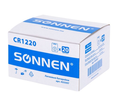 Батарейка литиевая SONNEN Lithium CR1220 "таблетка, дисковая, кнопочная" 1 шт., блистер, 455597 Батарейка литиевая SONNEN Lithium CR1220 "таблетка, дисковая, кнопочная" 1 шт., блистер, 455597