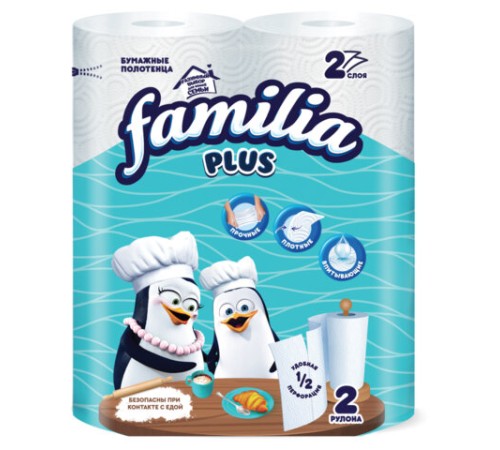 Полотенца бумажные бытовые, спайка 2 шт., 2-слойные (2х12 м), FAMILIA, 22,7x12 см, белые, 5083815