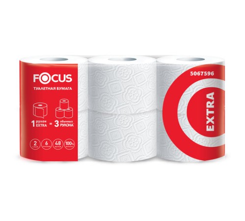 Бумага туалетная, спайка 6 шт., 2-слойная (6х48 м) Focus Extra, белая, 5067596