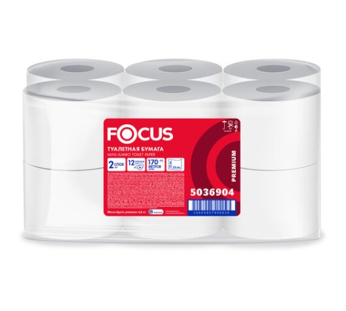 Бумага туалетная 170 м, FOCUS (Система Т2) 2-слойная, цвет белый, КОМПЛЕКТ 12 рулонов, 5036904