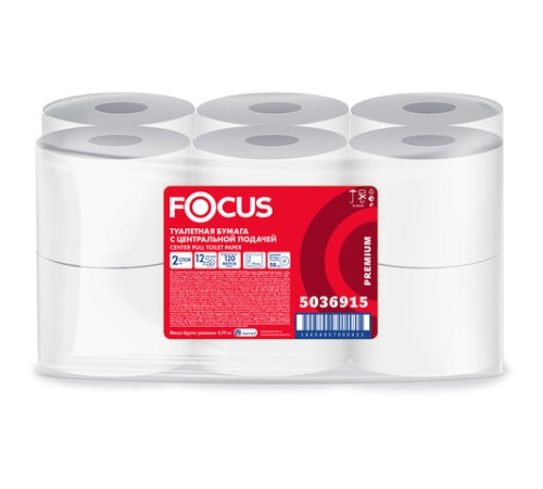Бумага туалетная с центральной вытяжкой 120 м, FOCUS (T8) Premium, 2-слойная, белый, КОМПЛЕКТ 12 рулонов, 5036915