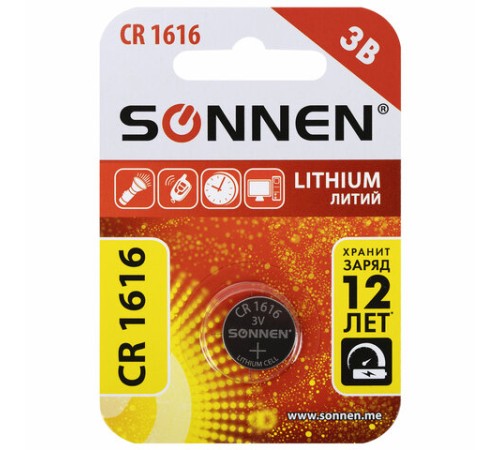Батарейка литиевая SONNEN Lithium CR1616 "таблетка, дисковая, кнопочная" 1 шт., блистер, 455598 Батарейка литиевая SONNEN Lithium CR1616 "таблетка, дисковая, кнопочная" 1 шт., блистер, 455598