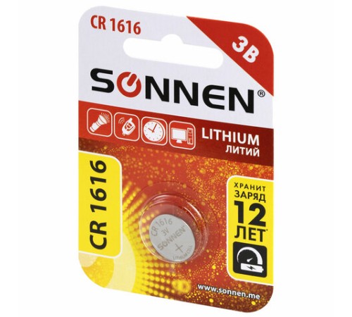 Батарейка литиевая SONNEN Lithium CR1616 "таблетка, дисковая, кнопочная" 1 шт., блистер, 455598 Батарейка литиевая SONNEN Lithium CR1616 "таблетка, дисковая, кнопочная" 1 шт., блистер, 455598