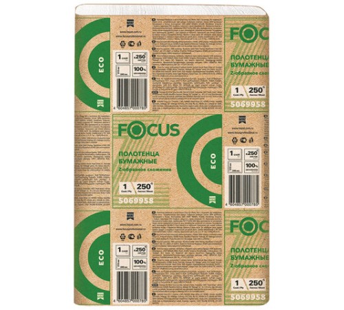 Полотенца бумажные 250 шт. FOCUS (Система H2) Eco, 1-слойные, белые, КОМПЛЕКТ 12 пачек, 24х21,5, Z-сложение, 5083814/5069958