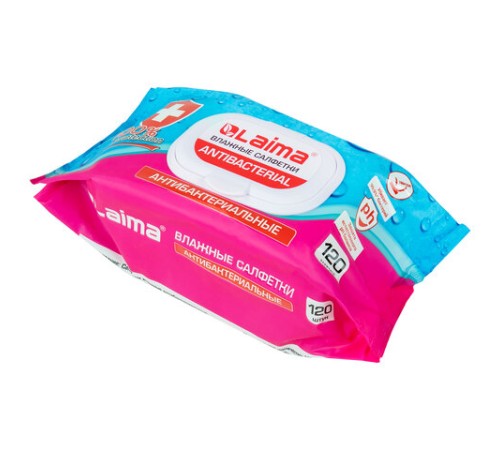 Салфетки влажные 120 шт., АНТИБАКТЕРИАЛЬНЫЕ, с пластиковым клапаном, LAIMA 