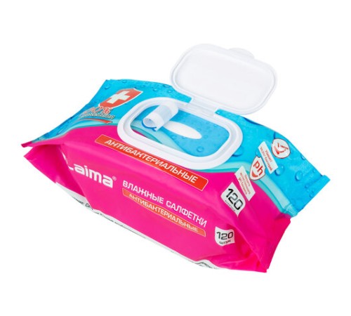 Салфетки влажные 120 шт., АНТИБАКТЕРИАЛЬНЫЕ, с пластиковым клапаном, LAIMA 